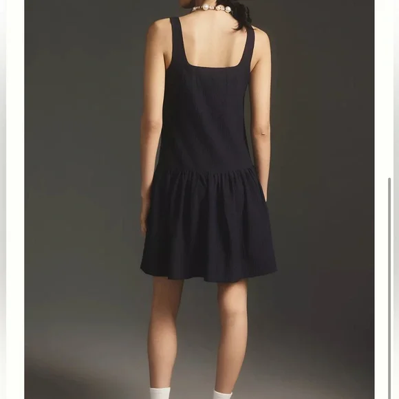 Anthropologie dress XS navy blue square neck seersucker Sleeveless Button-Down - Picture 2 of 16